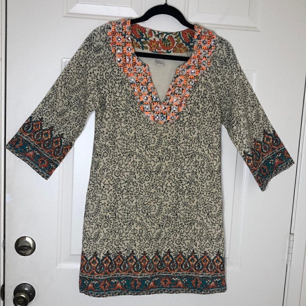Lucky Brand Black and White Print Shift Dress With Colorful Borders and Sequins